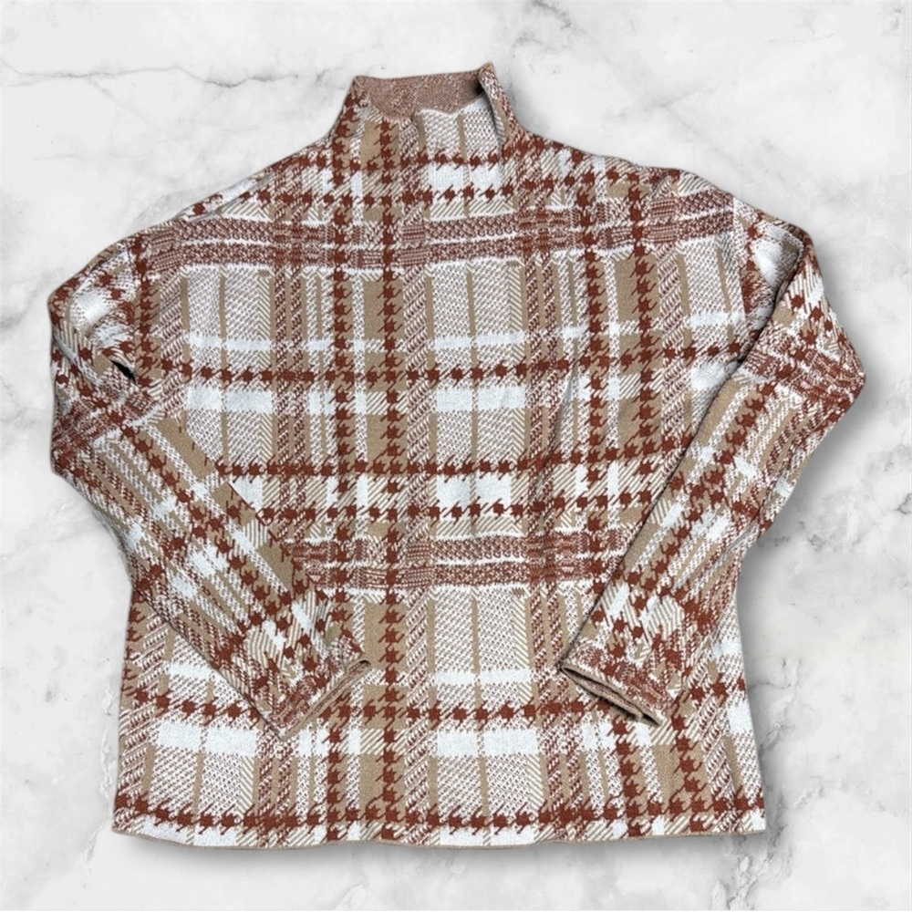 Rachel Zoe Geometric turtle neck plaid Knit sweater Top in Tan Cream rust medium
